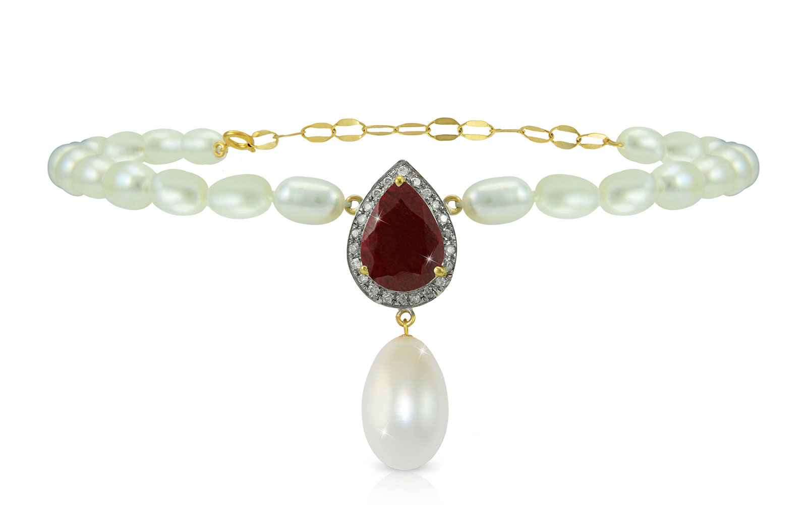 Vera Perla 18K Gold 0.12ct Diamonds, Royal Indian Ruby and 13mm Pearl Bracelet